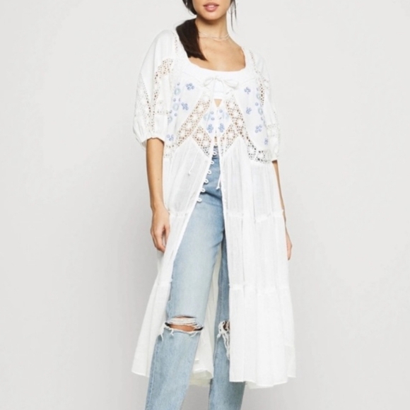 Free People Delilah Tiered Maxi Top Billowy Crochet Lace Embroidered Ivory S NWT - Picture 14 of 16